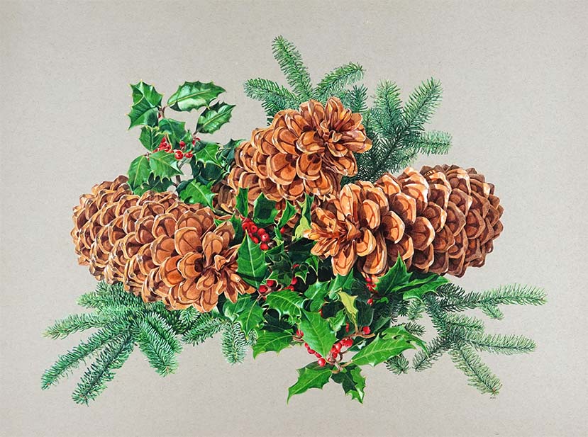 A festive arrangement of pine cones and holly